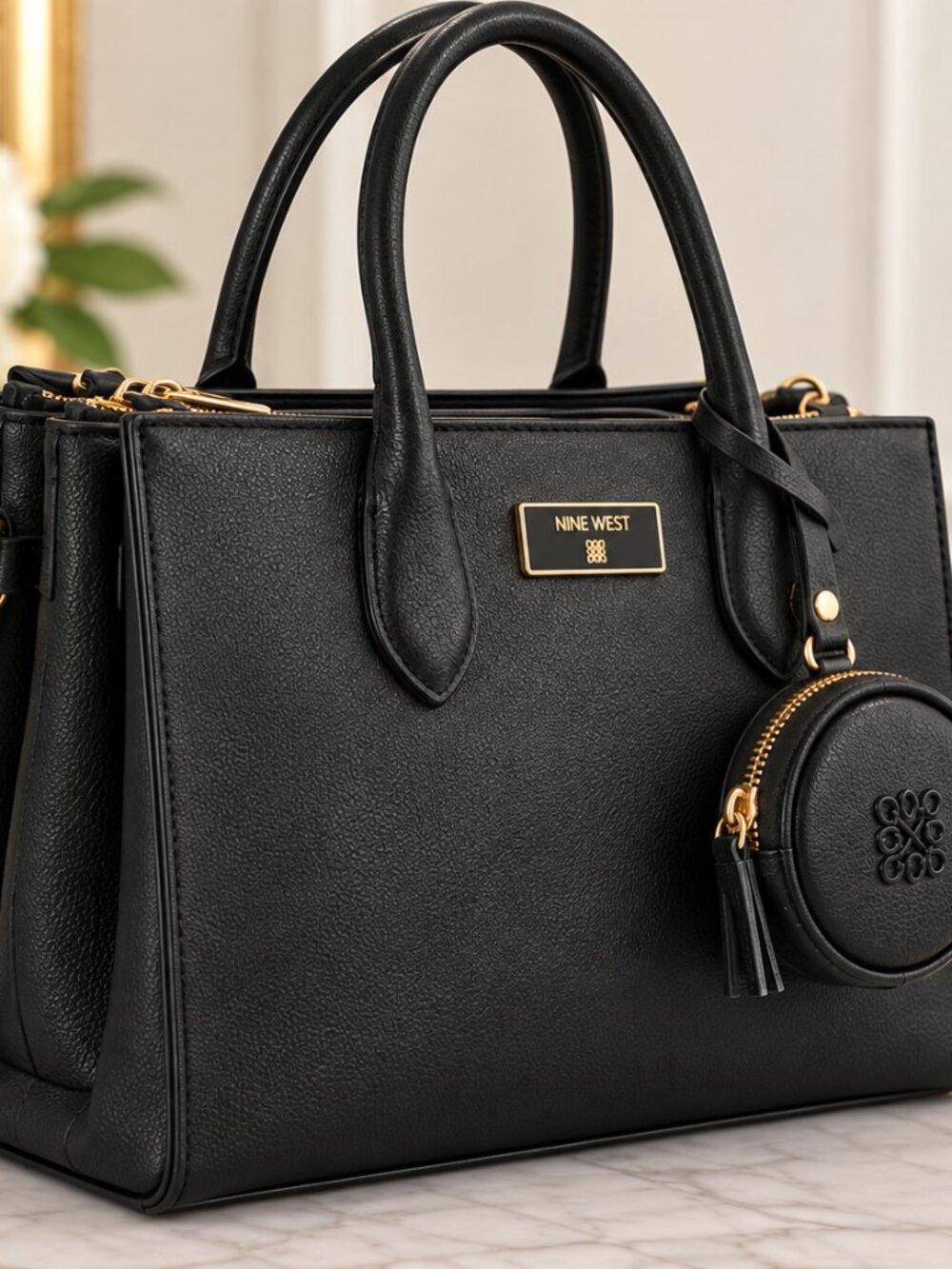 New Nine West Black Triple Compartment Satchel Bag w/Coin Pouch & Shoulder Strap